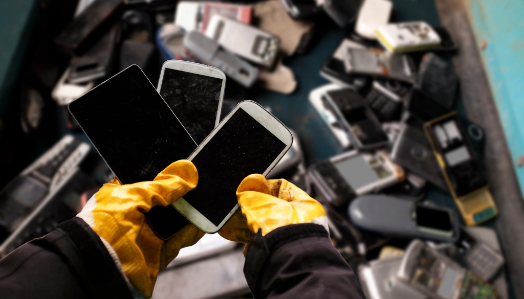 Unwanted IT Assets including mobile and landline phones being sorted by an electronics recycling professional.|Person wearing gloves holding old smartphones in a recycling facility.