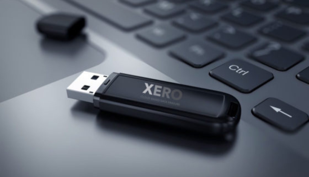 Dynamic Lifecycle Innovations Xero Flash Drive for data erasure and security.|Xero USB Drive|Dynamic Lifecycle Solutions XERO flash drive for data security and erasure laying on a laptop.